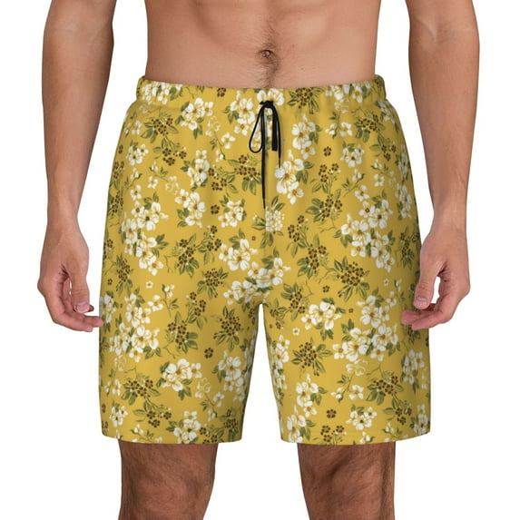 Kdxio Flower Print Men's Swim Trunks with Compression Liner 7 Inch Inseam Quick Dry Swim Shorts