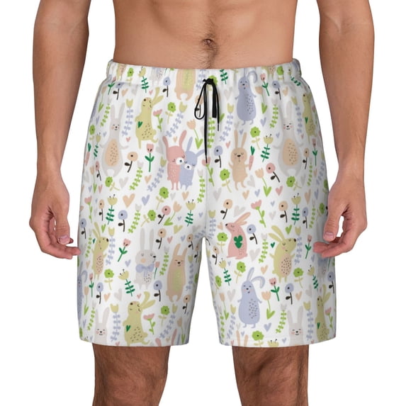 Kdxio Flower Rabbit Print Men's Swim Trunks with Compression Liner 7 Inch Inseam Quick Dry Swim Shorts