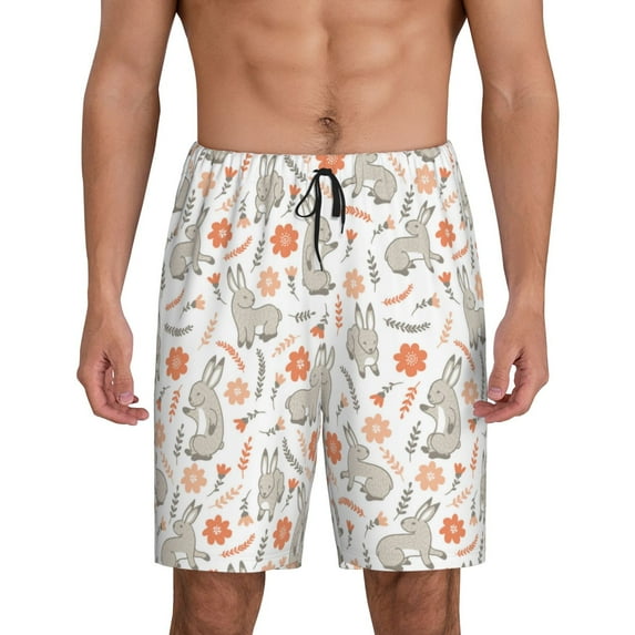 Kdxio Flower Rabbit Print Mens Sleep Shorts Bottoms Soft Comfy Pajama Wear Pants with Drawstring Pockets