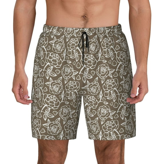 Kdxio Flower Rose Print Men's Swim Trunks with Compression Liner 7 Inch Inseam Quick Dry Swim Shorts