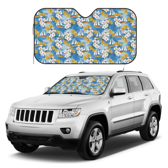 Kdxio Flower and Sail Boat Print Windshield Sun Shade, Foldable Sun Blocker for Car,Truck,SUV Automotive Interior Sun Protection,Reflective Shade for Front Windshield(Small)