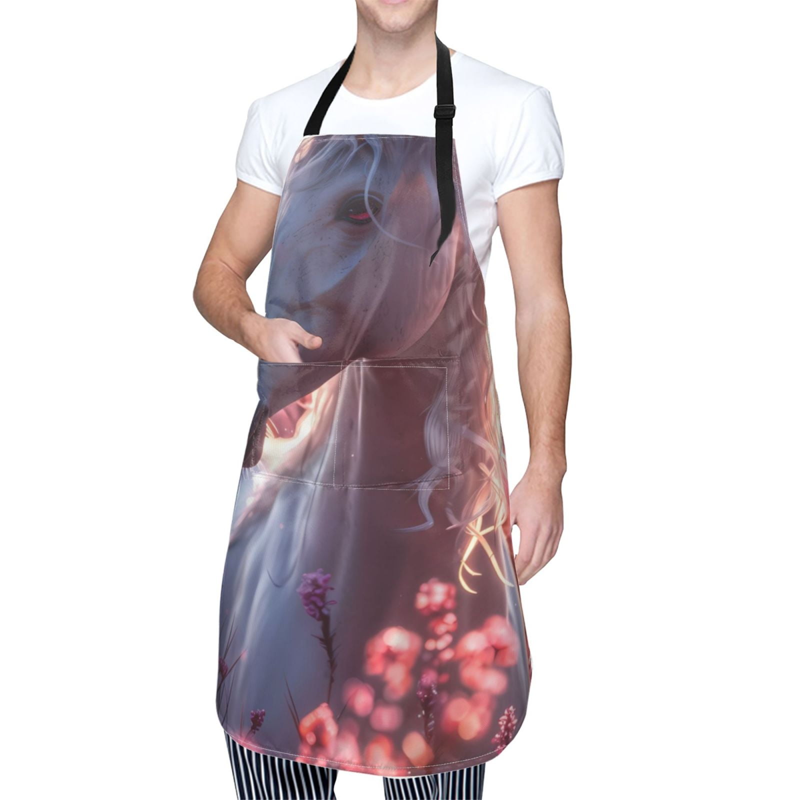 Kdxio Flower White Horse Apron with Pockets Adjustable Kitchen Aprons for Men Women Waterproof Aprons for Cooking,Drawing,Crafting, Baking Household Cleaning