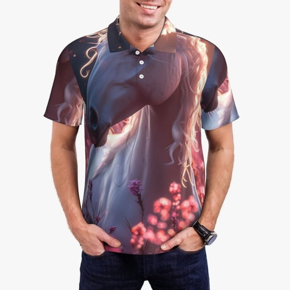 Kdxio Flower White Horse Print Men's Short Sleeve Polo Shirt,Midweight Men's Shirt