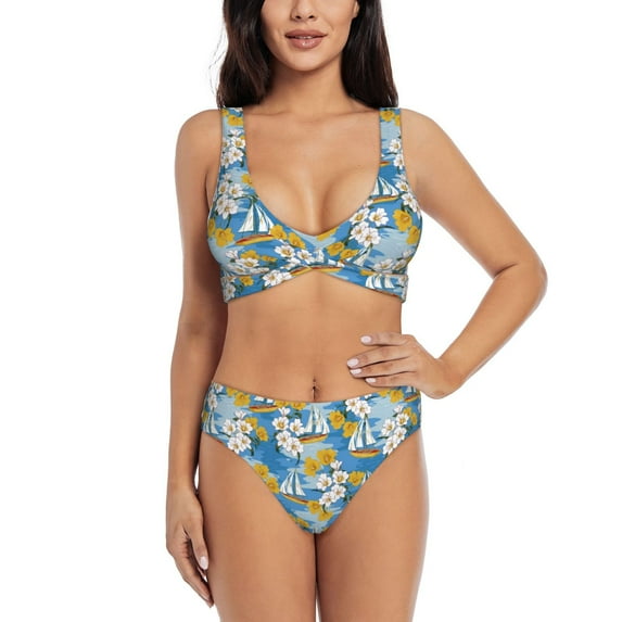 Kdxio Flower and Sail Boat Print Women's 2 Piece High Waisted Wrap Spaghetti Strap Summer Swimsuit Bikini Set-