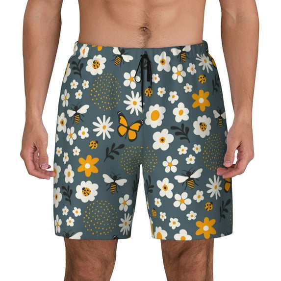 Kdxio Flowers And Bee Print Men'S Swim Trunks With Compression Liner 7 Inch Inseam Quick Dry Swim Shorts