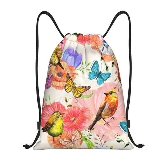 Kdxio Flowers And Birds Watercolor Print Drawstring Backpack Bag,Waterproof Draw String Back Sack, Gym Drawstring Bags Swim Bag For Unisex