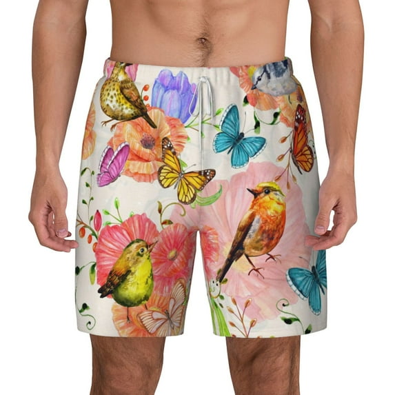 Kdxio Flowers And Birds Watercolor Print Men'S Swim Trunks With Compression Liner 7 Inch Inseam Quick Dry Swim Shorts