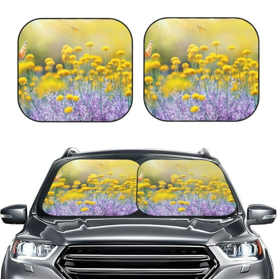 Kdxio Flowers And Butterflies Print 2-Piece Sun Shade Front Windshield - Foldable Car Front Window Sunshades for Most Sedans SUV Truck