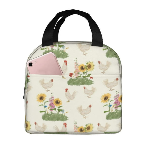 Kdxio Flowers And Hens Print Insulated Lunch Bag,Reusable Tote Lunch Box for Women Men,Leakproof Cooler Lunch Bags for Work Office Travel Picnic