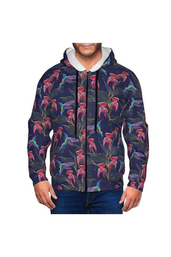 Flowers And Humming Bird Print Men Hoodies Casual Hoodies for Men with Zip Pockets Full Zip Long Sleeve Sweatshirt Sports Hooded Jacket-Small