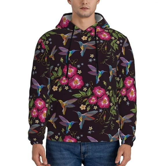 Kdxio Flowers And Humming Bird1 Print Mens Casual Hooded Collar Drawstring Hoodies Pullover Sweatshirts Casual Long Sleeve Shirts-4X-Large