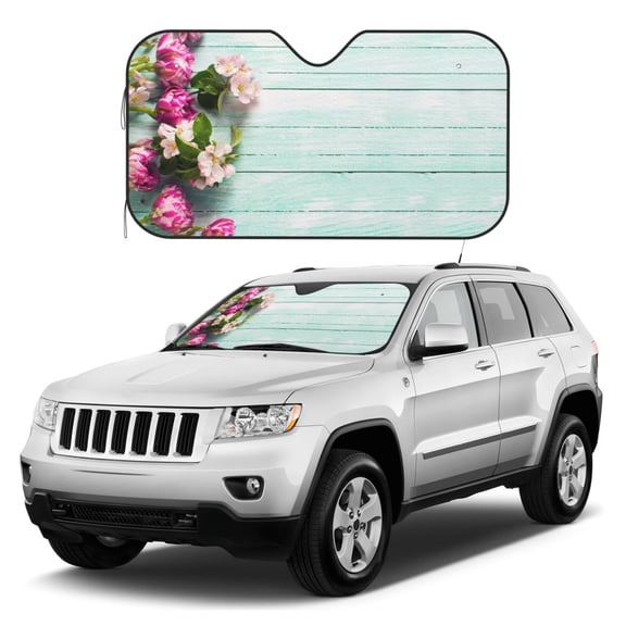 Kdxio Flowers And Turquoise Wooden Print Windshield Sun Shade, Foldable Sun Blocker for Car,Truck,SUV Automotive Interior Sun Protection,Reflective Shade for Front Windshield()