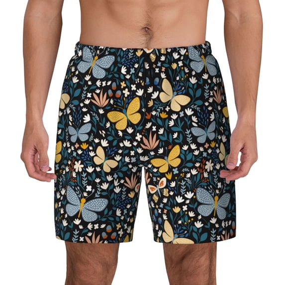 Kdxio Flowers Butterfly Print Men's Swim Trunks with Compression Liner 7 Inch Inseam Quick Dry Swim Shorts