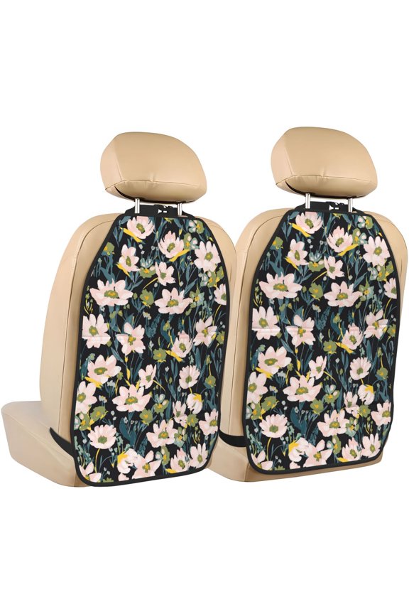 Flowers Print 2 Pack Car Kick Mat Seat Cover Back Protector Mat with Pockets for Organizer Backseat Protector and Storage Anti Kick Pad for Vehicles