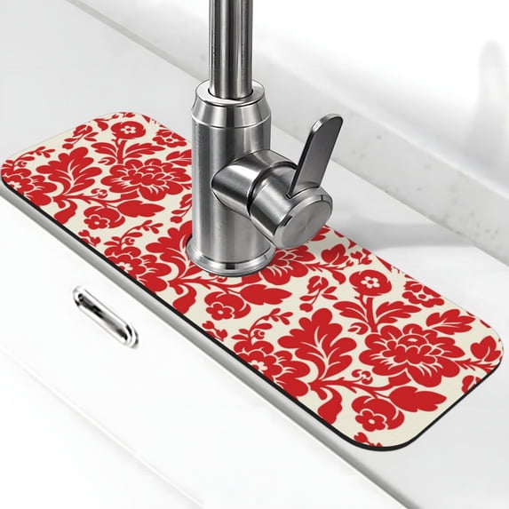 Kdxio Flowers Red Beige Pattern Non-Slip Diatom Mud Faucet Drain Pad,Self Absorbent Mat for Kitchen Sink for Variety Kitchen & Bathroom Countertops