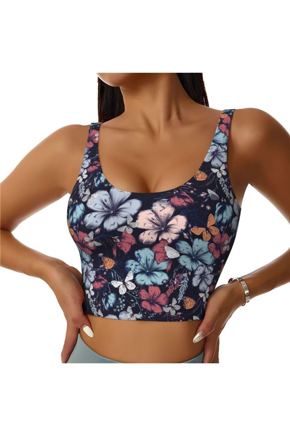 Flowers ad Butterflies Print Workout Crop Tank Top for Women Racerback Yoga Tank Tops Athletic Sports Shirts Exercise Undershirts