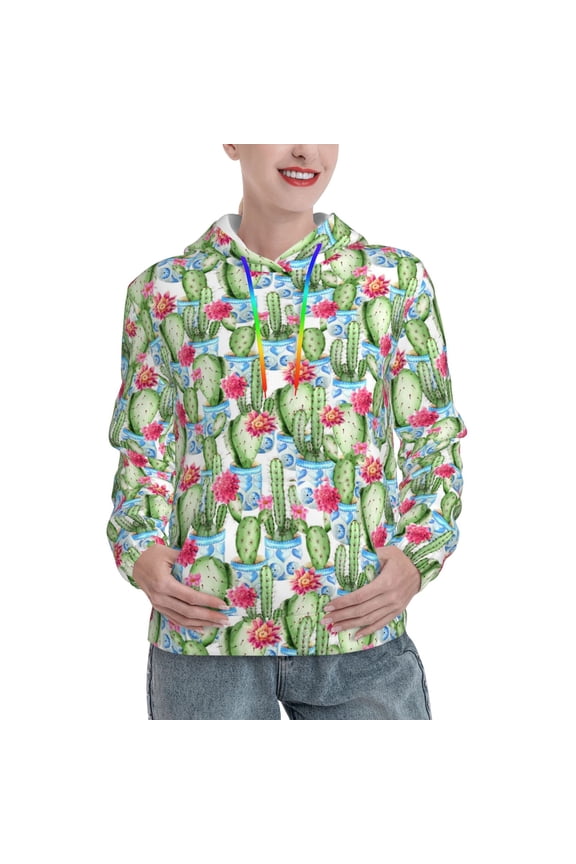 Flowers and Cactus Print Womens Oversized Hoodies Sweatshirts Hooded Pullover Tops Sweaters Casual-Medium