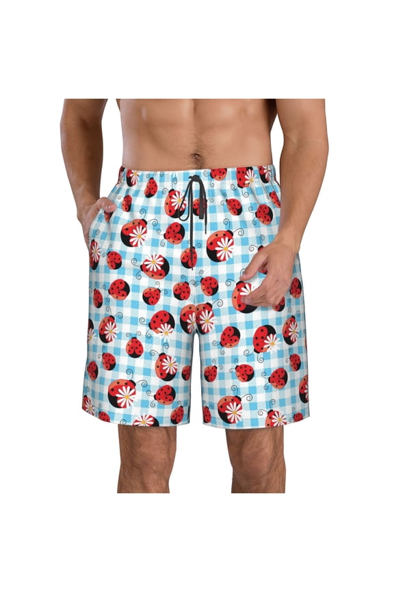 Flowers and Lady Bugs Pattern Mens Casual Shorts - Drawstring Summer Beach Sports Shorts for Men