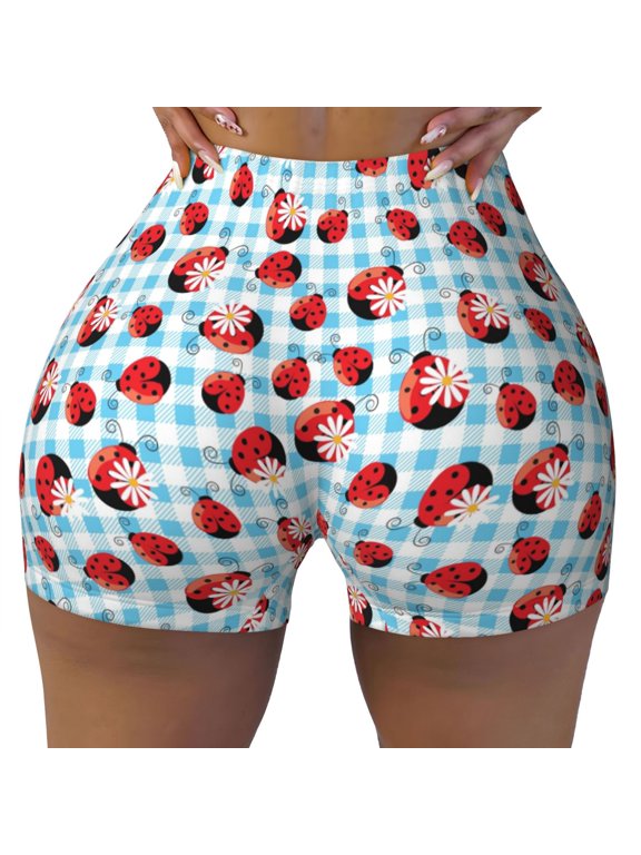 Flowers and Lady Bugs Print Workout Shorts for Women Seamless Soft Smooth Gym Yoga Scrunch Active Shorts