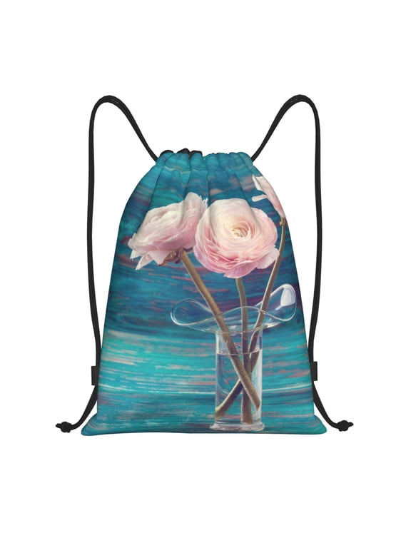 Flowers in Glass Vase Print Drawstring Backpack Bag,Waterproof Draw String Back Sack, Gym Drawstring Bags Swim Bag For Unisex