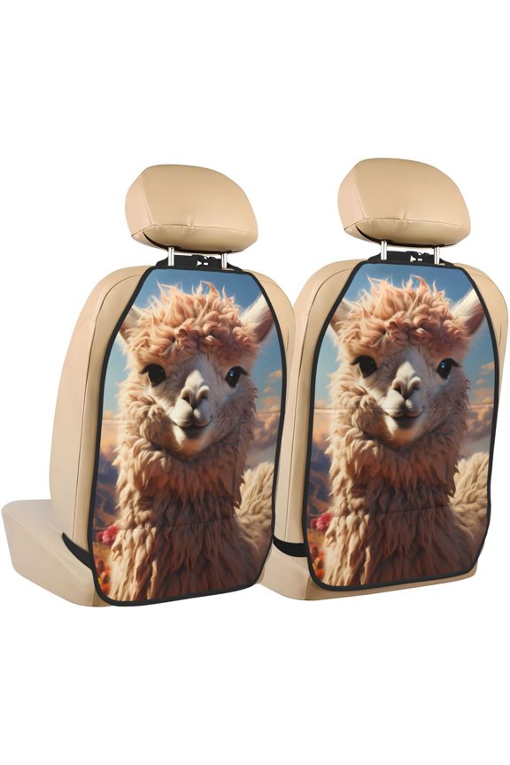 Fluffy Alpaca Mountain Meadow Print 2 Pack Car Kick Mat Seat Cover Back Protector Mat with Pockets for Organizer Backseat Protector and Storage Anti Kick Pad for Vehicles
