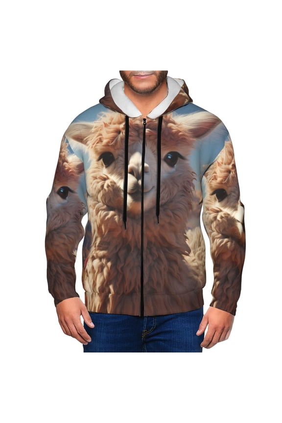 Fluffy Alpaca Mountain Meadow Print Men Hoodies Casual Hoodies for Men with Zip Pockets Full Zip Long Sleeve Sweatshirt Sports Hooded Jacket-Medium