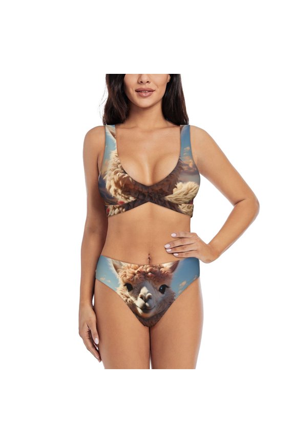 Fluffy Alpaca Mountain Meadow Print Women's 2 Piece High Waisted Wrap Spaghetti Strap Summer Swimsuit Bikini Set-Medium