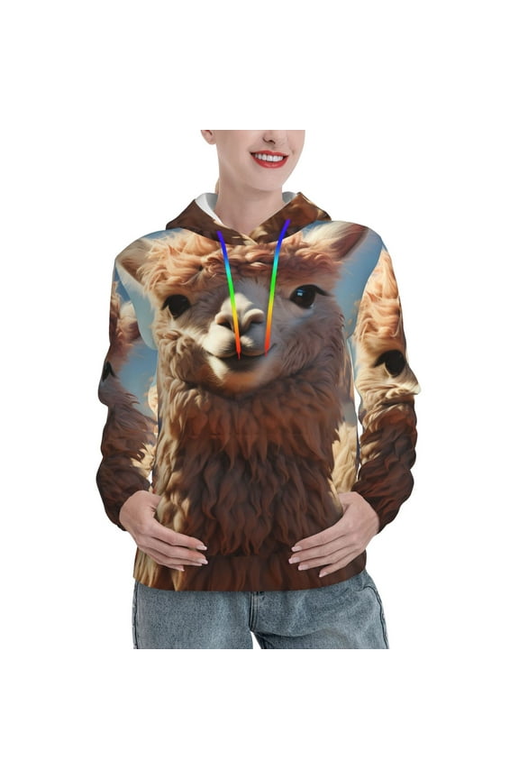 Fluffy Alpaca Mountain Meadow Print Womens Oversized Hoodies Sweatshirts Hooded Pullover Tops Sweaters Casual-