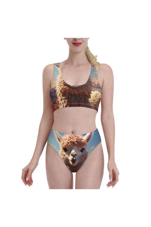 Fluffy Alpaca Mountain Meadow for Womens High Waisted Bikini Top Sports Style Two Piece Bathing Suits