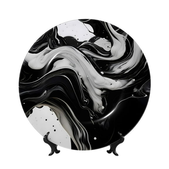 Kdxio Fluid Black White Paint Swirls Bone China Decorative Plate Ceramic Decorative Plate for Home Office Wall Stand Decorative Plates for Home Bedroom-6in