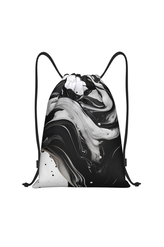 Fluid Black White Paint Swirls Print Drawstring Backpack Bag,Waterproof Draw String Back Sack, Gym Drawstring Bags Swim Bag For Unisex