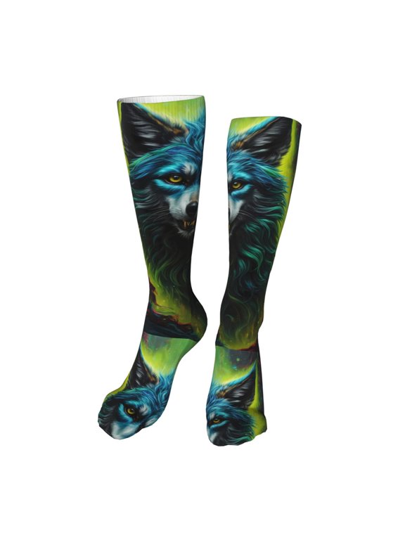 Fluorescent Wolf Funny Silky Novelty Funky Long Knee High Socks Soft 3D Print Cosplay Crazy Stockings for Men Women