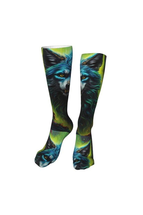Fluorescent Wolf Funny Silky Novelty Funky Long Knee High Socks Soft 3D Print Cosplay Crazy Stockings for Men Women