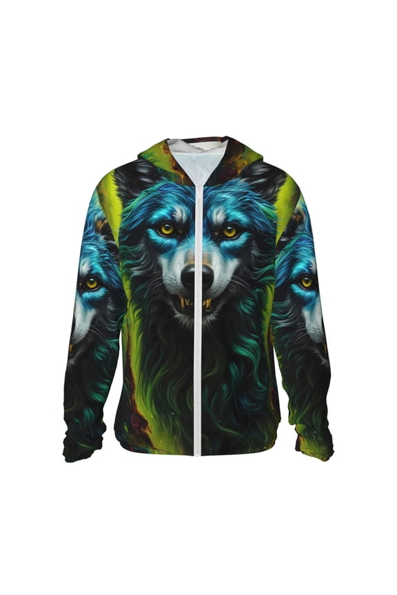 Fluorescent Wolf Print Women Men Sun Protection UPF 50+ Jackets Zip Up Long Sleeve Hoodie Hiking Lightweight with Pockets