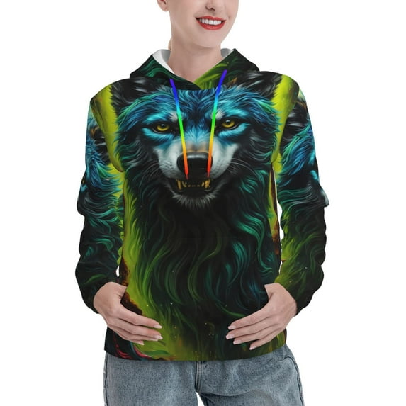 Kdxio Fluorescent Wolf Print Womens Oversized Hoodies Sweatshirts Hooded Pullover Tops Sweaters Casual-Medium
