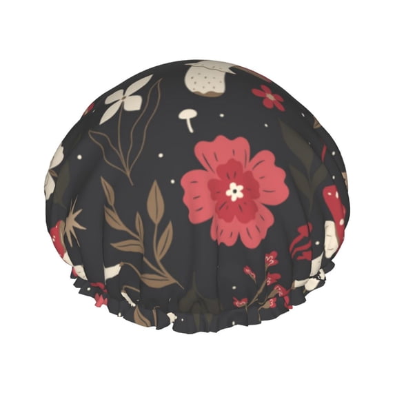Kdxio Fly Agaric and Flowers Print Shower Cap for Women,Elastic and Reusable,Double Waterproof Layers Bathing Hat