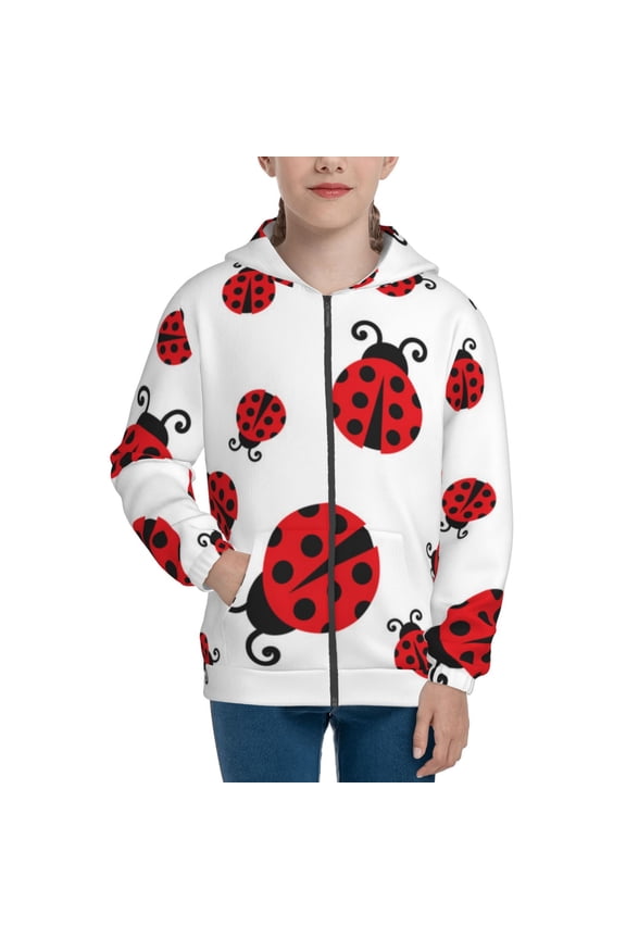 Fly Flying Ladybug Pattern Kids Boys Girls Zip Up Hoodie 3D Printed Hooded Sweatshirt Hoody Coat with Pocket 7-12 Y-Medium