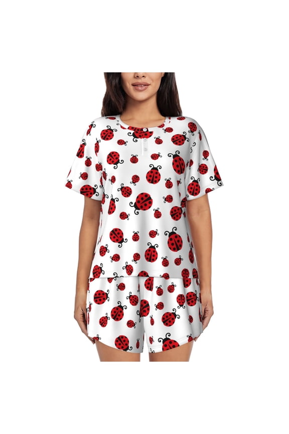 Fly Flying Ladybug Print Pajamas Sets for Women Short-Sleeved Pjs with Lounge Shorts Two Piece Sleepwear S-4XL