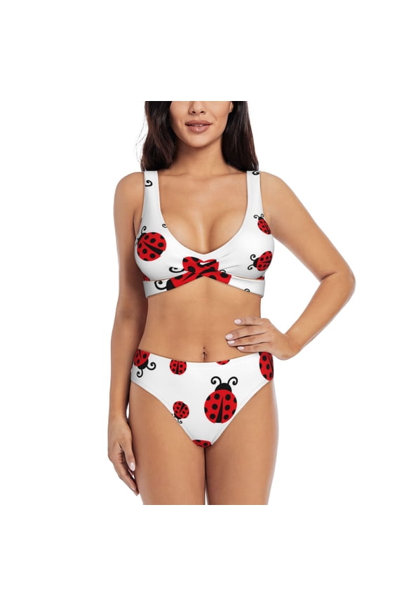 Fly Flying Ladybug Print Women's 2 Piece High Waisted Wrap Spaghetti Strap Summer Swimsuit Bikini Set-Medium