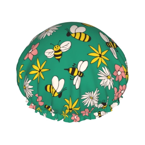 Kdxio Flying Bees Print Shower Cap for Women,Elastic and Reusable,Double Waterproof Layers Bathing Hat