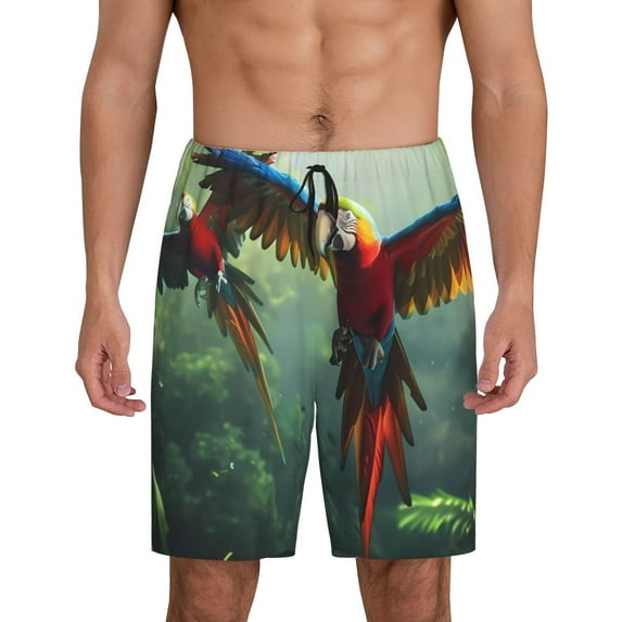 Kdxio Flying Parrots In Jungle Print Mens Sleep Shorts Bottoms Soft Comfy Pajama Wear Pants with Drawstring Pockets