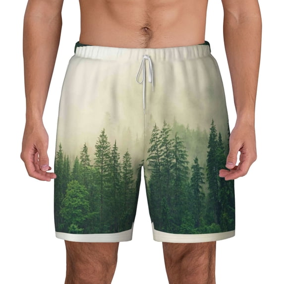 Kdxio Fog Forest Print Men'S Swim Trunks With Compression Liner 7 Inch Inseam Quick Dry Swim Shorts