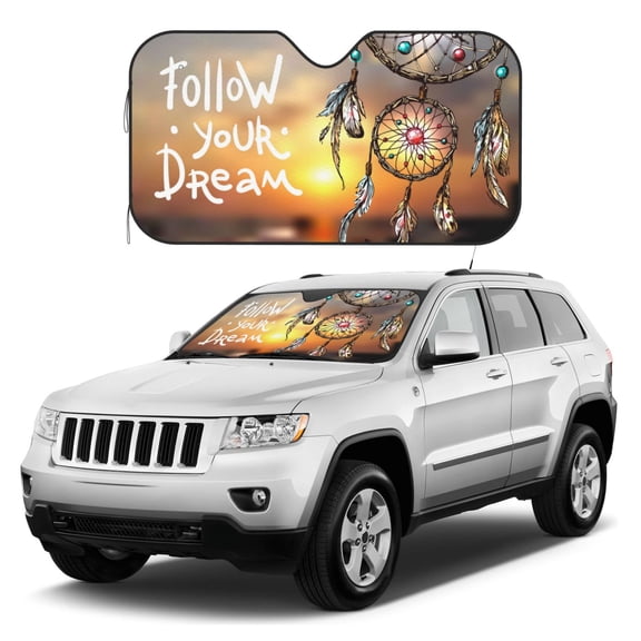 Kdxio Follow Your Dream Dreamcatcher Print Windshield Sun Shade, Foldable Sun Blocker for Car,Truck,SUV Automotive Interior Sun Protection,Reflective Shade for Front Windshield(Medium)