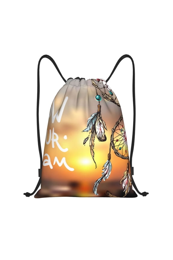 Follow Your Dream Dreamcatcher Print Drawstring Backpack Bag,Waterproof Draw String Back Sack, Gym Drawstring Bags Swim Bag For Unisex