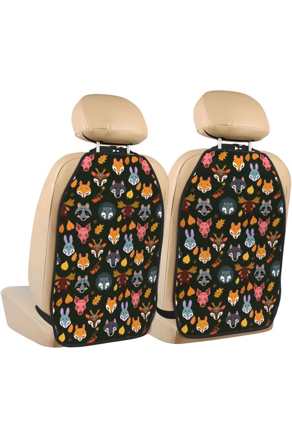 Forest Animal Faces Print 2 Pack Car Kick Mat Seat Cover Back Protector Mat with Pockets for Organizer Backseat Protector and Storage Anti Kick Pad for Vehicles