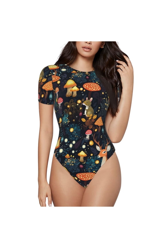 Forest Elf for Women's Short-Sleeved Onesie Stylish Round Neck Pajamas Bodysuit Jumpsuit Nightwear-Large