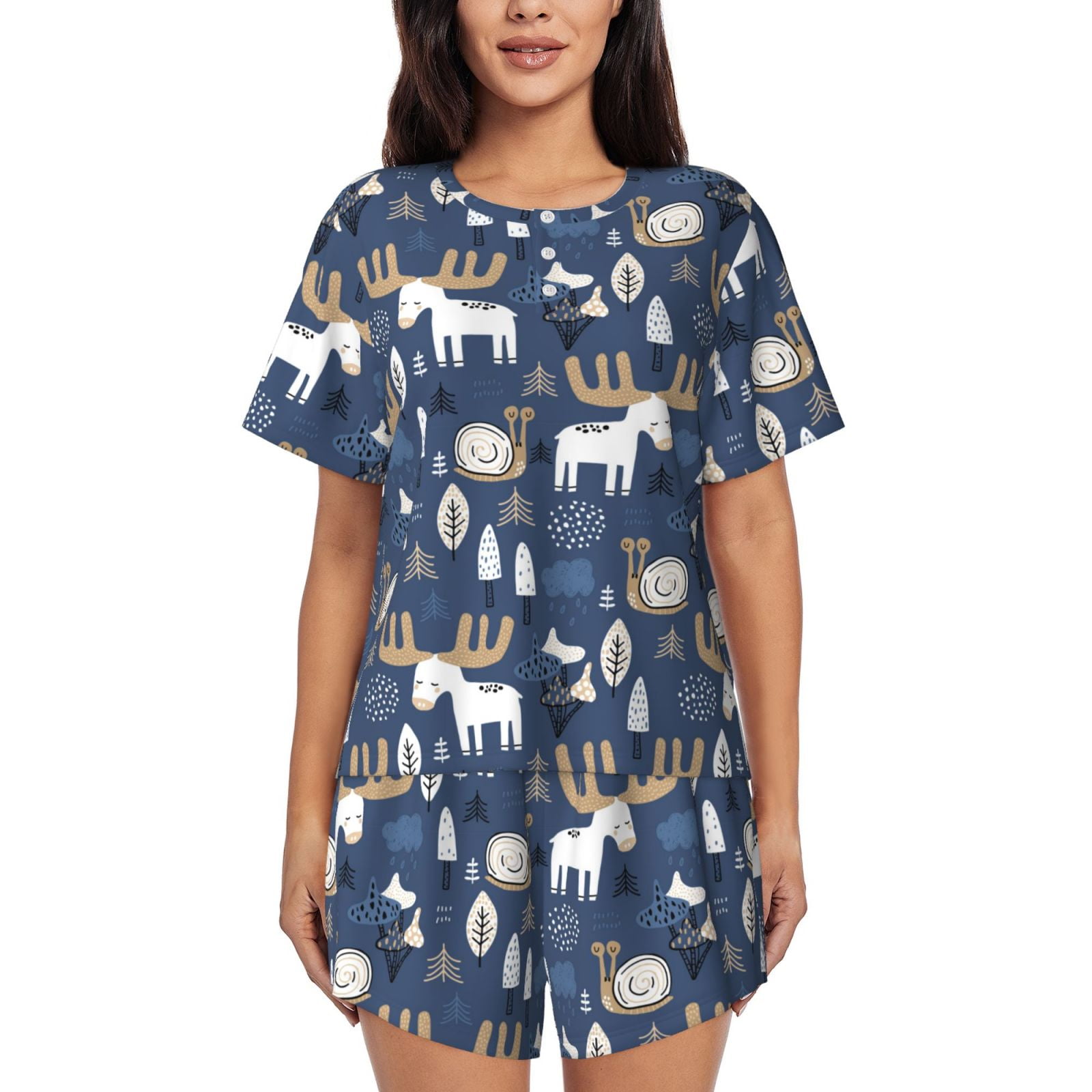 Kdxio Forest Elk Print Pajamas Sets for Women Short-Sleeved Pjs with ...