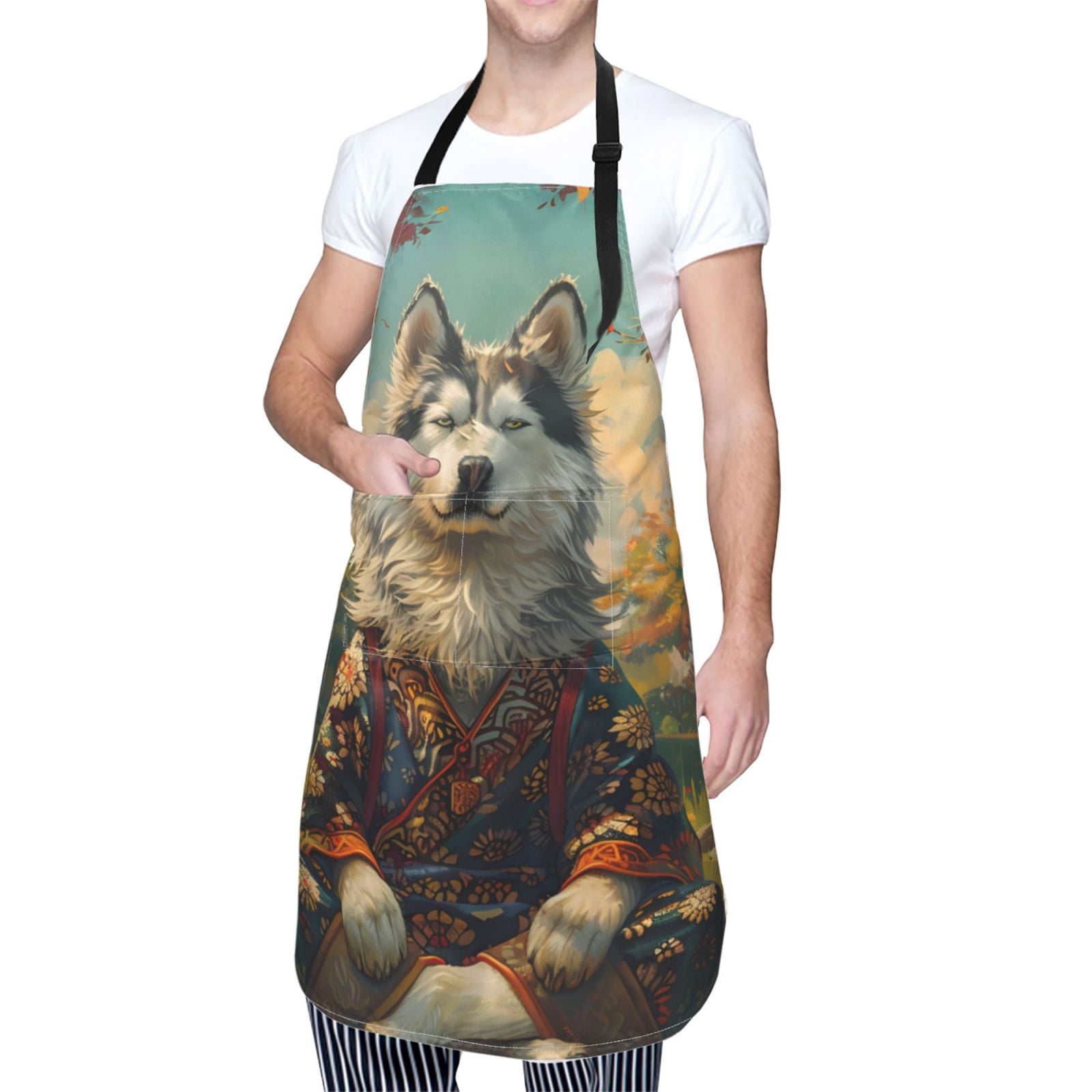 Kdxio Forest Maple Leaf Husky Apron with Pockets Adjustable Kitchen Aprons for Men Women Waterproof Aprons for Cooking,Drawing,Crafting, Baking Household Cleaning