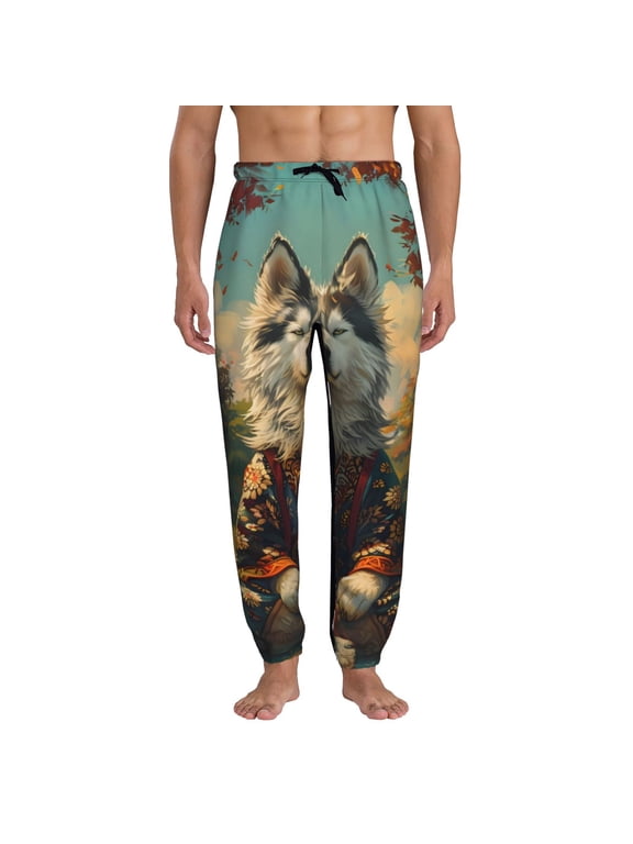 Forest Maple Leaf Husky Pattern Joggers,Sweatpants for Men with Pockets-Small