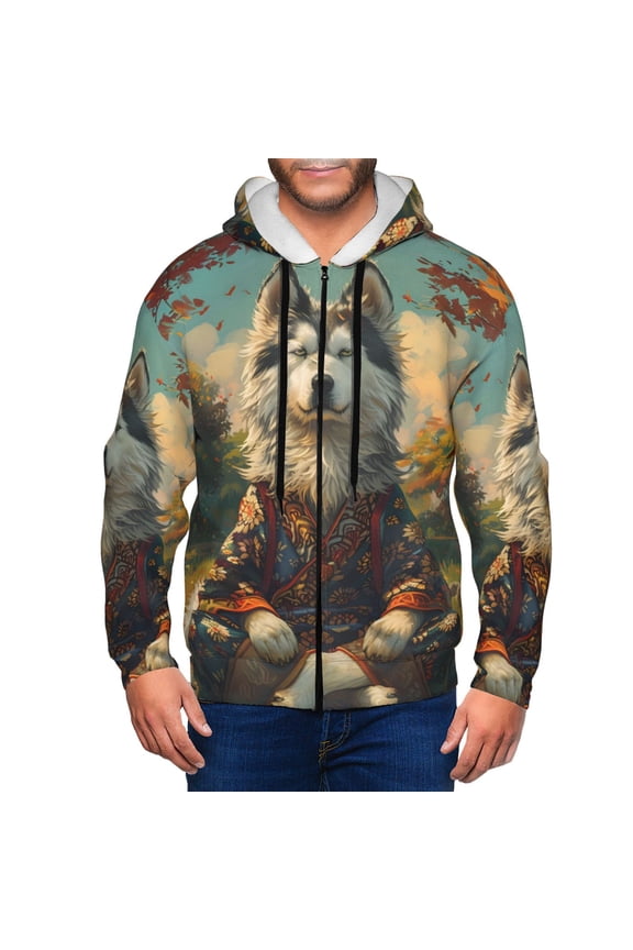 Forest Maple Leaf Husky Print Men Hoodies Casual Hoodies for Men with Zip Pockets Full Zip Long Sleeve Sweatshirt Sports Hooded Jacket-Small